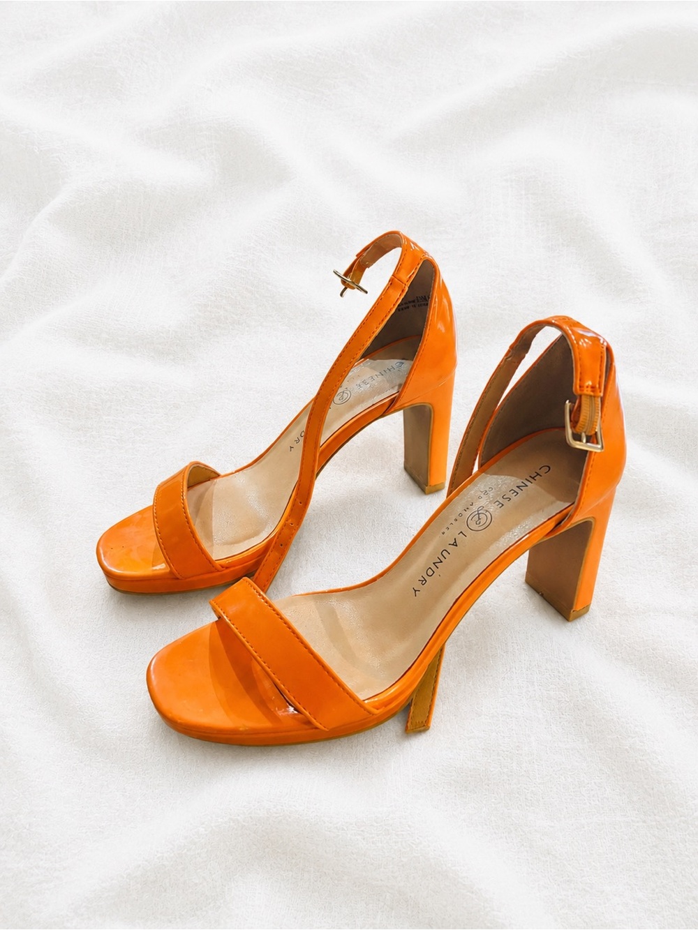 Chinese Laundry Orange Patent Block Heel Sandals with Ankle Strap